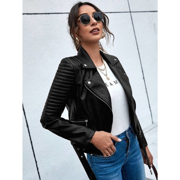 Lapel Collar Belted Zip Up vegan leather Moto Jacket black